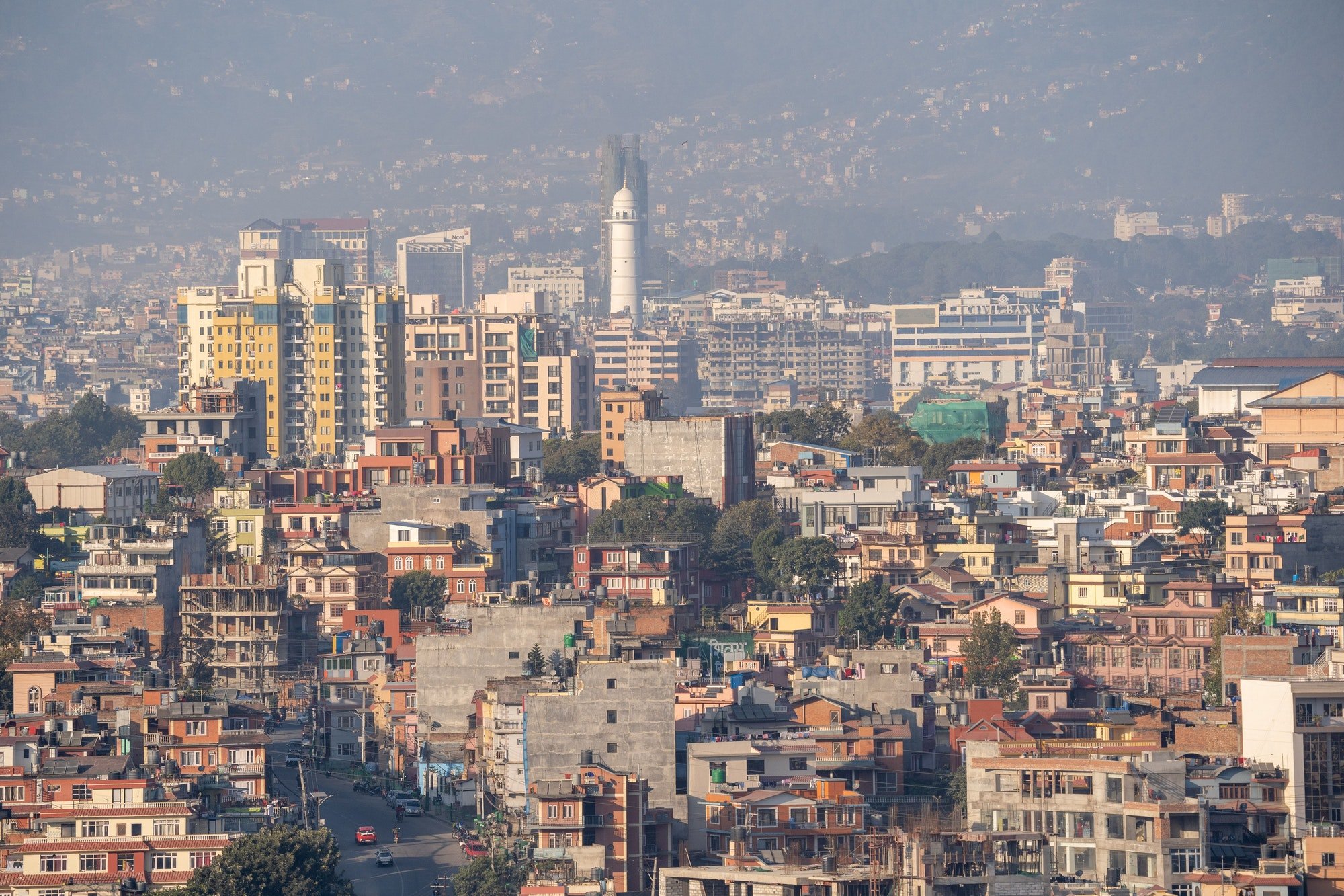 Cityscape of Kathmandu, Nepal surrounded by mountains